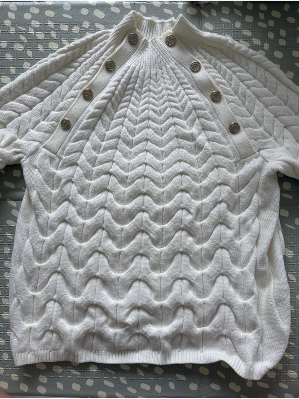 Maje White Cable Knit Sweater with Snap-Shoulder Detail